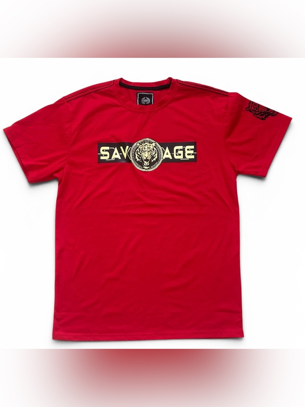 Salvage Red Tee with Gold Tiger Emblem